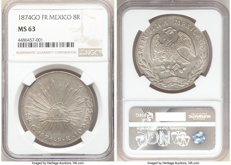 Republic 8 Reales 1874/3 Go-FR MS63 NGC, Guanajuato mint, KM377.8, DP-Go54. Feat...