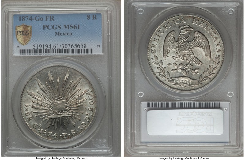 Republic 8 Reales 1874 Go-FR MS61 PCGS, Guanajuato mint, KM377.8, DP-Go54. Mint ...