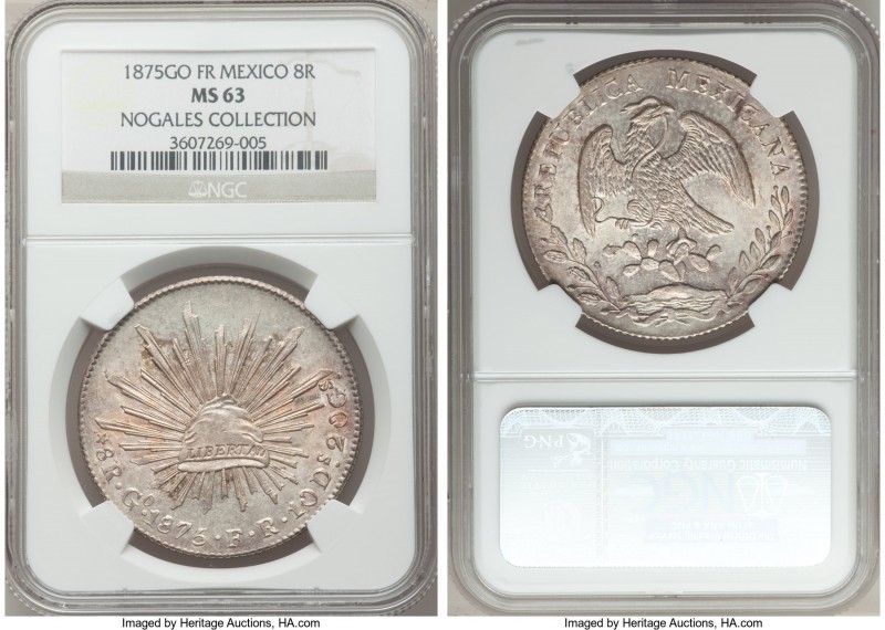 Republic 8 Reales 1875 Go-FR MS63 NGC, Guanajuato mint, KM377.8, DP-Go55. Extrao...