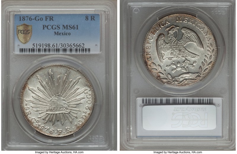 Republic 8 Reales 1876 Go-FR MS61 PCGS, Guanajuato mint. KM377.8, DP-Go56. Both ...