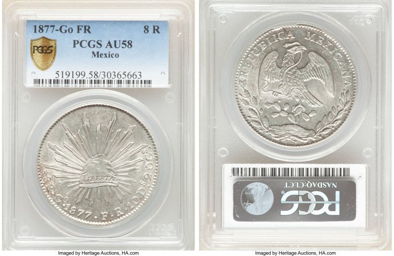 Republic 8 Reales 1877 Go-FR AU58 PCGS, Guanajuato mint, KM377.8, DP-Go57. Lauda...