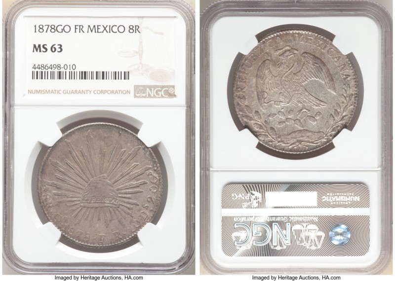 Republic 8 Reales 1878 Go-FR MS63 NGC, Guanajuato mint, KM377.8, DP-Go58. Slight...