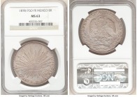 Republic 8 Reales 1878/7 Go-FR MS63 NGC, Guanajuato mint, KM377.8, DP-Go58. Visually fetching, with a soft silver patina that melds rose-hued and gold...