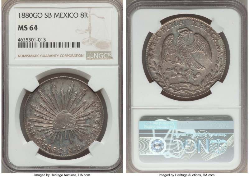 Republic 8 Reales 1880 (Second 8/7) Go-SB MS64 NGC, Guanajuato mint, KM377.8, DP...