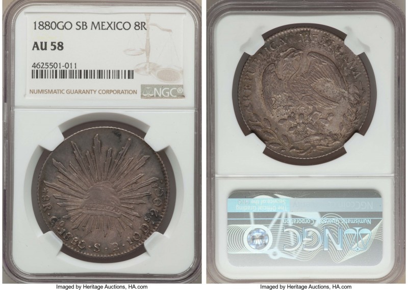 Republic 8 Reales 1880 (Second 8/7) Go-SB AU58 NGC, Guanajuato mint, KM377.8, DP...
