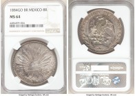 Republic 8 Reales 1884 Go-BR MS64 NGC, Guanajuato mint, KM377.8, DP-Go66. Gorgeously dressed in dappled tones, the surfaces set alight by haloes of ca...