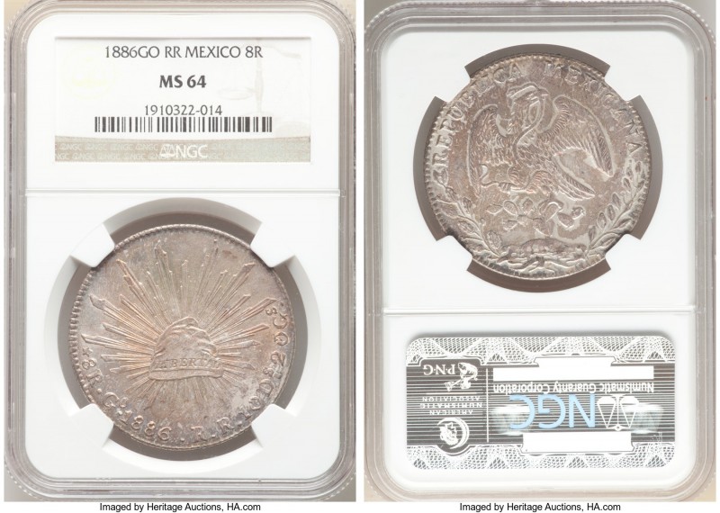 Republic 8 Reales 1886 Go-RR MS64 NGC, Guanajuato mint, KM377.8, DP-Go69. Very n...