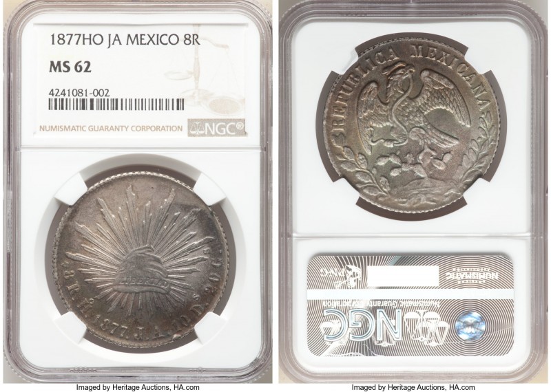 Republic 8 Reales 1877 Ho-JA MS62 NGC, Hermosillo mint, KM377.9, DP-Ho21. Rich m...