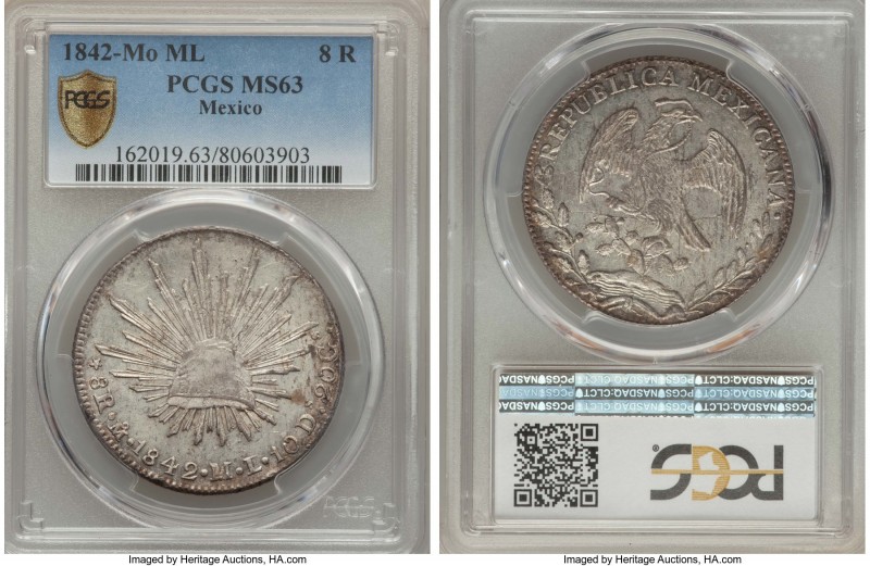 Republic 8 Reales 1842 Mo-ML MS63 PCGS, Mexico City mint, KM377.10, DP-Mo25. Wit...