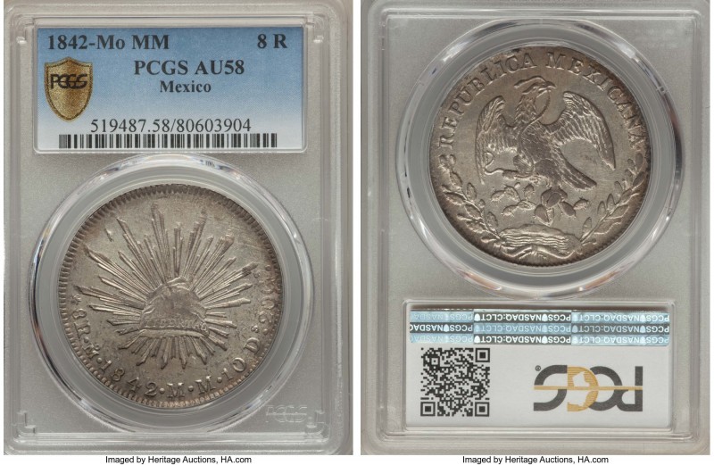 Republic 8 Reales 1842 Mo-MM AU58 PCGS, Mexico City mint, KM377.10, DP-Mo26. Exp...