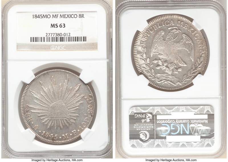 Republic 8 Reales 1845 Mo-MF MS63 NGC, Mexico City mint, KM377.10, DP-Mo29. Full...