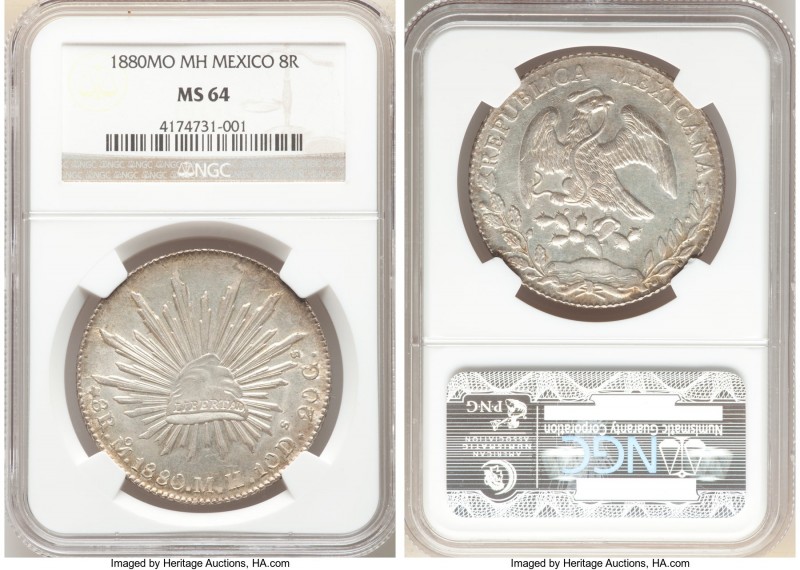 Republic 8 Reales 1880 Mo-MH MS64 NGC, Mexico City mint, KM377.10, DP-Mo65. A de...