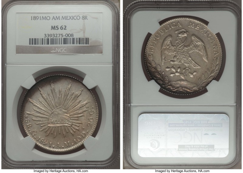 Republic 8 Reales 1891 Mo-AM MS62 NGC, Mexico City mint, KM377.10, DP-Mo77. Tan ...