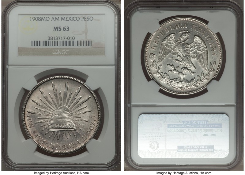 Republic Peso 1908 Mo-AM MS63 NGC, Mexico City mint, KM409.2. Full luster still ...