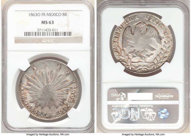 Republic 8 Reales 1863 O-FR MS63 NGC, Oaxaca mint, KM377.11, DP-Oa09. A scarcer ...