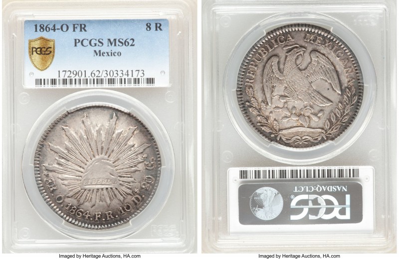 Republic 8 Reales 1864 O-FR MS62 PCGS, Oaxaca mint, KM377.11, DP-Oa13. Somewhat ...