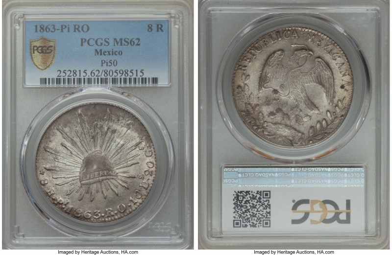 Republic 8 Reales 1863 Pi-RO MS62 PCGS, San Luis Potosi mint, KM377.12, DP-Pi50....