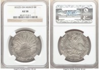 Republic 8 Reales 1832 Zs-OM AU58 NGC, Zacatecas mint, KM377.13, DP-Zs12. Decorated in a soft steel tone that blankets the fields, the rays around the...