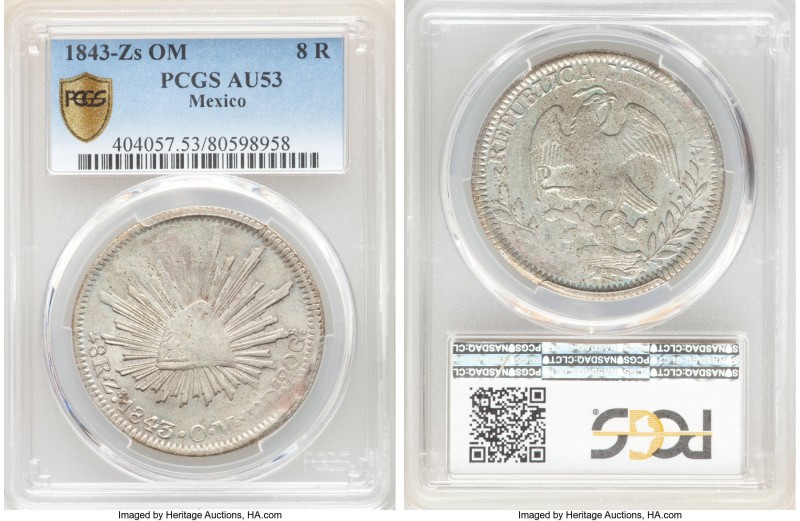 Republic 8 Reales 1843 Zs-OM AU53 PCGS, Zacatecas mint, KM377.13, DP-Zs23.

HID0...