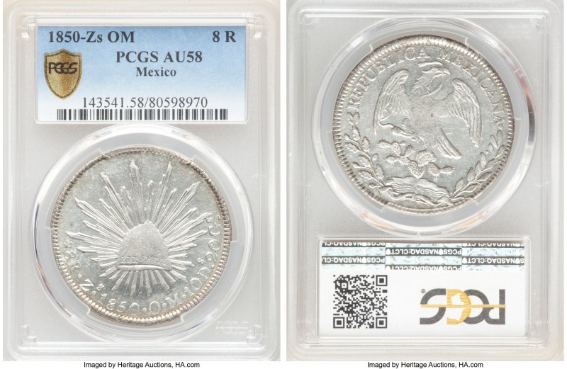 Republic 8 Reales 1850 Zs-OM AU58 PCGS, Zacatecas mint, KM377.13, DP-Zs30. Highl...