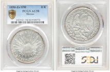 Republic 8 Reales 1850 Zs-OM AU58 PCGS, Zacatecas mint, KM377.13, DP-Zs30. Highly lustrous with only scattered light contact to account for the assign...