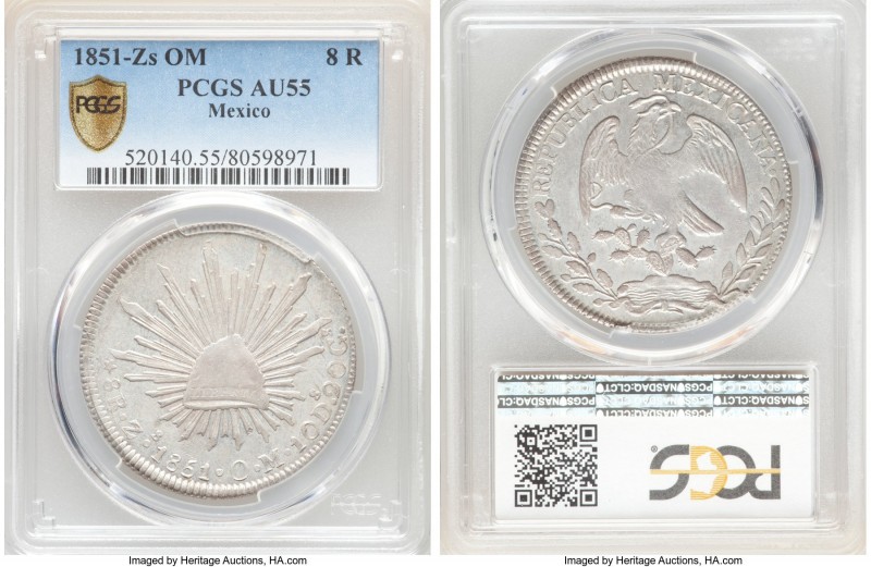 Republic 8 Reales 1851 Zs-OM AU55 PCGS, Zacatecas mint, KM377.13, DP-Zs31. A hig...