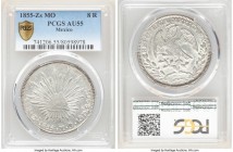 Republic 8 Reales 1855 Zs-MO AU55 PCGS, Zacatecas mint, KM377.13, DP-Zs36. Nearly fully white with heavier frost embracing the device peripheries. 

H...