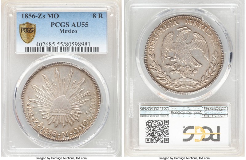 Republic 8 Reales 1856 Zs-MO AU55 PCGS, Zacatecas mint, KM377.13, DP-Zs37. Light...