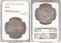 Republic 8 Reales 1858/7 Zs-MO MS62 NGC, Zacatecas mint, KM377.13, DP-Zs39 (Very Rare). Dunigan and Parker list the overdate as "very rare", and the s...