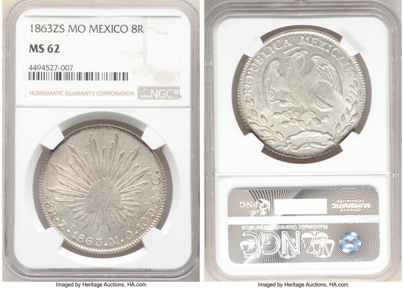 Republic 8 Reales 1863 Zs-MO MS62 NGC, Zacatecas mint, KM377.13, DP-Zs47. A pres...