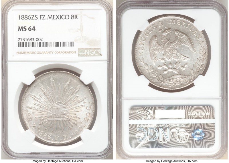 Republic 8 Reales 1886 Zs-FZ MS64 NGC, Zacatecas mint, KM377.13, DP-Zs72. Posses...