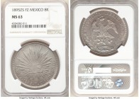 Republic 8 Reales 1895 Zs-FZ MS63 NGC, Zacatecas mint, KM377.13, DP-Zs81. A well-struck example displaying a uniform silvery patina over lustrous surf...