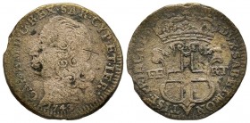 Carlo Emanuele III, Primo Periodo 1730-1755 
5 Soldi, III tipo, Torino, 1743, Mi 3.93 g.
Ref : MIR 936b, Sim.23, Biaggi 80b
Conservation : B-TB
