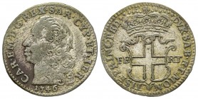 Carlo Emanuele III, Primo Periodo 1730-1755 
5 Soldi, III tipo, Torino, 1746, Mi 3.58 g.
Ref : MIR 936e, Sim. 23/5, Biaggi 801d
Conservation : pr.TTB