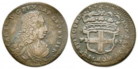 Carlo Emanuele III, Primo Periodo 1730-1755 
2.6 Soldi, I tipo, Torino, 1733, Mi 3.58 g.
Ref : MIR 937b, Biaggi 802a
Conservation : TB
