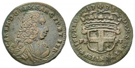 Carlo Emanuele III, Primo Periodo 1730-1755 
2.6 Soldi, I tipo, Falso d'epoca, Torino, 1733, Mi 3.37 g.
Ref : MIR 937c, Biaggi 802b
Conservation : TTB