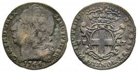 Carlo Emanuele III, Primo Periodo 1730-1755 
2.6 Soldi, II tipo, Torino, 1744, Mi 3.08 g.
Ref : MIR 938a (R), Biaggi 803a
Conservation : TB-TTB