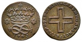 Carlo Emanuele III, Primo Periodo 1730-1755 
2 Denari, Torino, 1742, Cu 1.72 g.
Ref : MIR 940h, Sim. 27, Biaggi 805f
Conservation : TTB