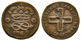 Carlo Emanuele III, Primo Periodo 1730-1755 
2 Denari, Torino, 1749, Cu 1.57 g.
Ref : MIR 940o, Biaggi 805l
Conservation : TB+