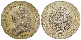 Carlo Emanuele III Secondo Periodo 1755-1773 
Mezzo Scudo Nuovo, Torino, 1758, AG 17.55 g.
Ref : MIR 947d (R), Biaggi 812d
Conservation : FDC