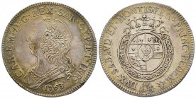 Carlo Emanuele III Secondo Periodo 1755-1773 
Mezzo Scudo Nuovo, Torino, 1763, AG 17.53 g.
Ref : MIR 947i (R), Biaggi 812i
Conservation : TTB/SUP