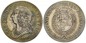 Carlo Emanuele III Secondo Periodo 1755-1773 
Mezzo Scudo Nuovo, Torino, 1766, AG 17.54 g.
Ref : MIR 947l (R), Biaggi 812n
Conservation : TTB+