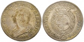 Carlo Emanuele III Secondo Periodo 1755-1773 
Mezzo Scudo Nuovo, Torino, 1770, AG 17.41 g.
Ref : MIR 947p (R2), Biaggi 812q
Conservation : TTB. Rare