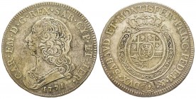 Carlo Emanuele III Secondo Periodo 1755-1773 
Mezzo Scudo Nuovo, Torino, 1771, AG 17.4 g.
Ref : MIR 947q (R2), Biaggi 812r
Conservation : TTB