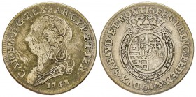 Carlo Emanuele III Secondo Periodo 1755-1773 
Quarto di Scudo Nuovo, Torino, 1758, AG 8.38 g.
Ref : MIR 948d (R), Sim. 35/4, Biaggi 813d
Conservation ...