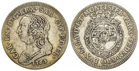 Carlo Emanuele III Secondo Periodo 1755-1773 
Quarto di Scudo Nuovo, Torino, 1765, AG 8.56 g.
Ref : MIR 948k, Sim. 35/11, Biaggi 813l
Conservation : T...