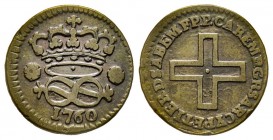 Carlo Emanuele III Secondo Periodo 1755-1773 
2 Denari, Torino, 1760, Cu 1.64 g.
Ref : MIR 953e, Sim. 40/5
Conservation : TTB