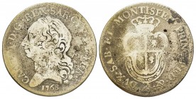 Carlo Emanuele III Secondo Periodo, Monetazione per la Sardegna 1755-1773
Quarto di Scudo Sardo Nuovo, Torino, 1768, AG 5.22 g.
Ref : MIR 960a, Biaggi...