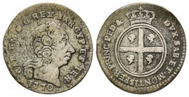 Carlo Emanuele III Secondo Periodo, Monetazione per la Sardegna 1755-1773 
Mezzo Reale Nuovo, Torino, 1770, Mi 2.49 g.
Ref : MIR 964c (R2), Biaggi 829...
