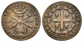 Carlo Emanuele III Secondo Periodo, Monetazione per la Sardegna 1755-1773 
Soldo Sardo, Torino, 1768, Mi 2 g.
Ref : MIR 965a (R5), Biaggi 830a
Conserv...